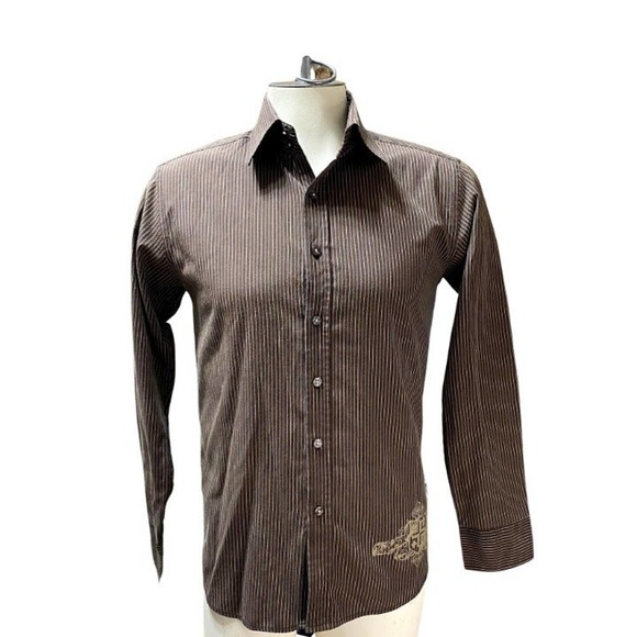 Level Ten Shirts Level Ten Brown Striped Double Sided Logo Button